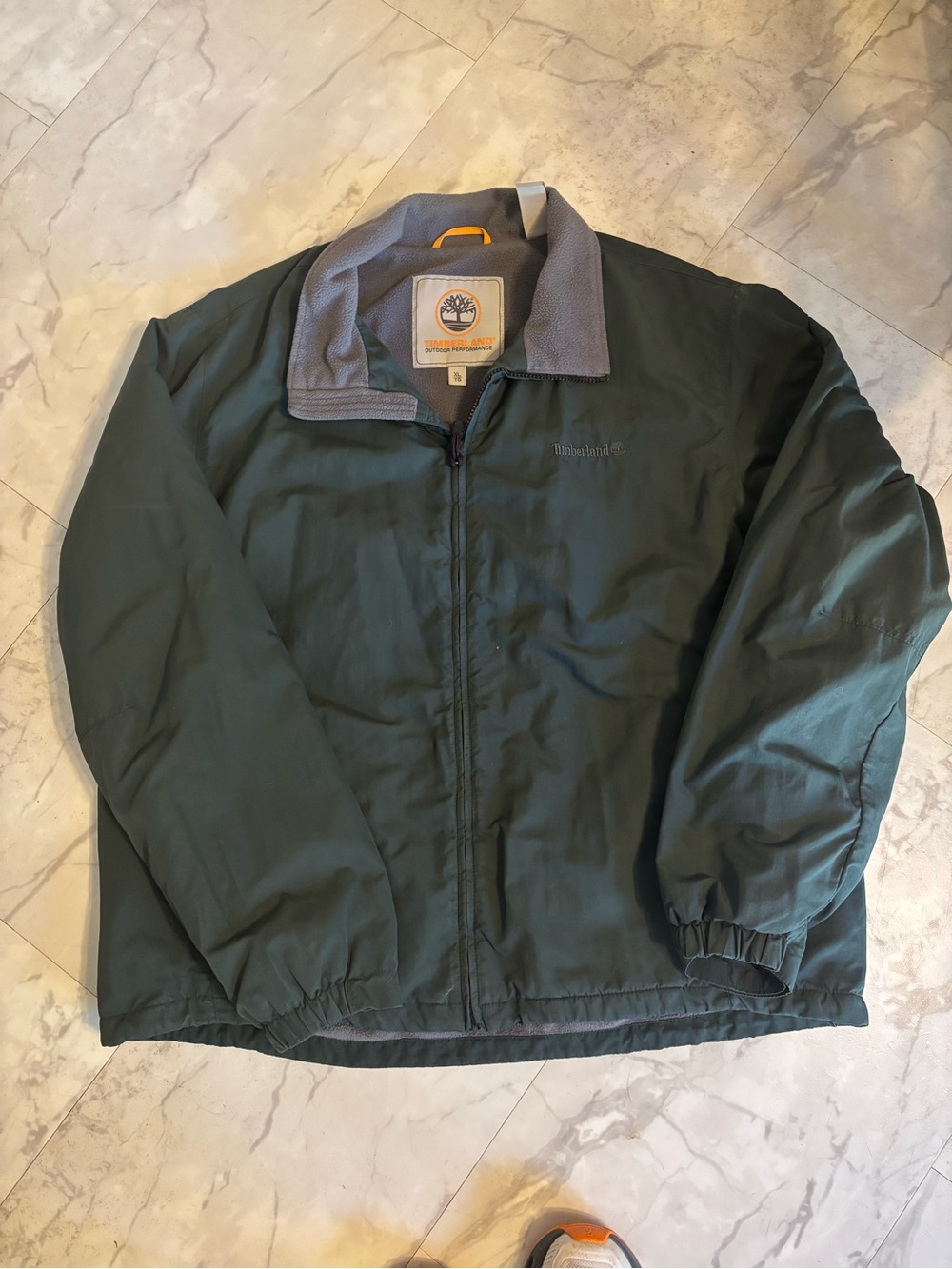 Timberland Men's Dark Green Jacket with Grey Fleece Collar